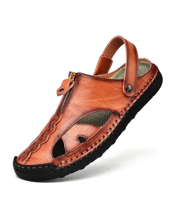 Men's Vintage First-Layer Cowhide Hollow Breathable Sandals 60168677M